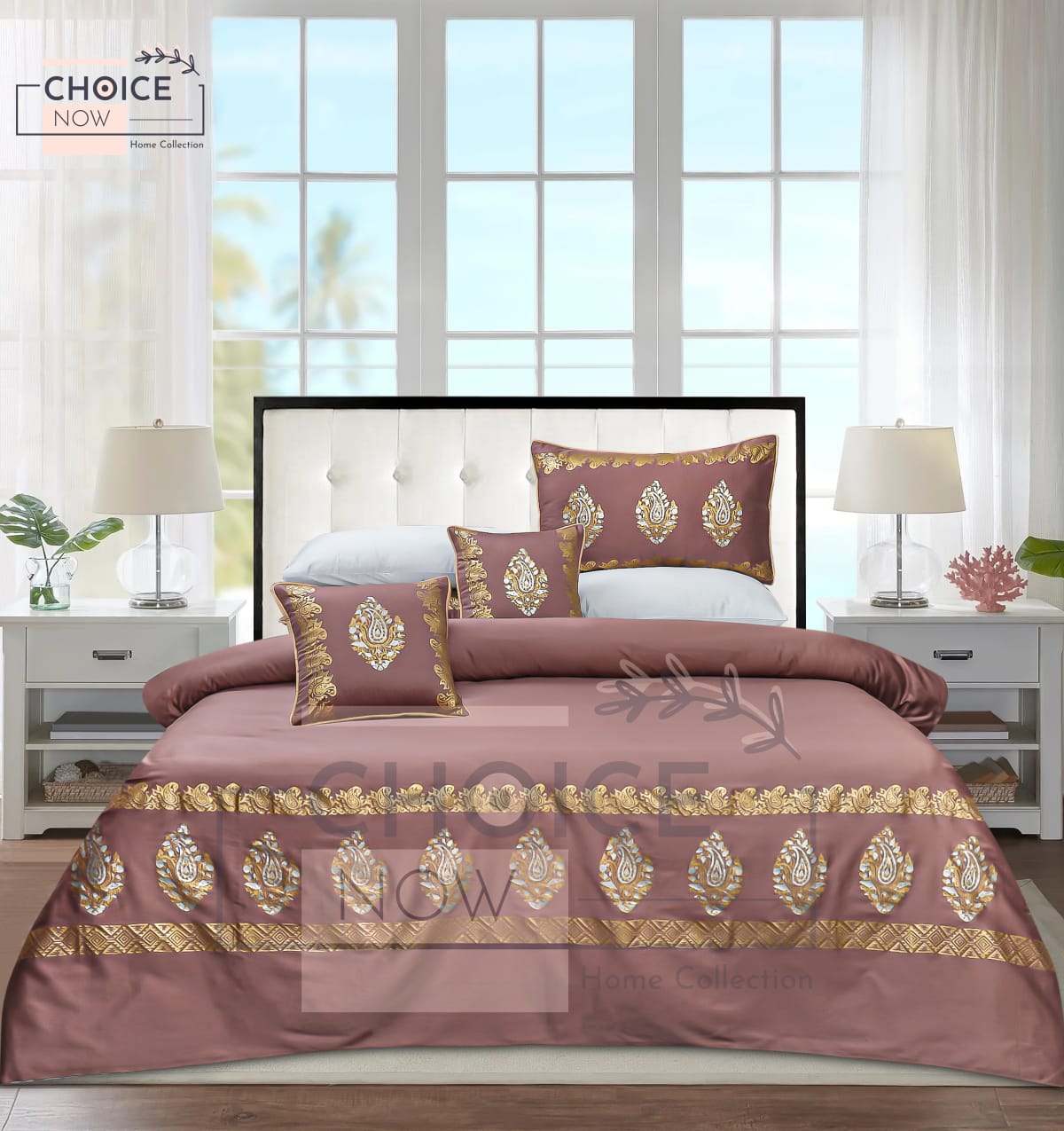 8-Piece Silk Satin Bridal Bedset with Exquisite Block Printing