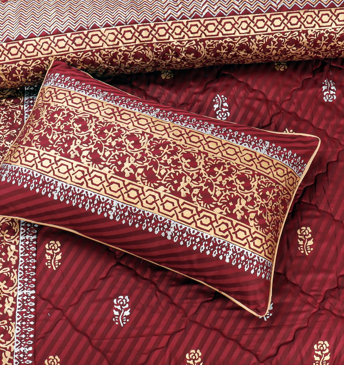 8-Piece Silk Satin Bridal Bedset with Exquisite Block Printing