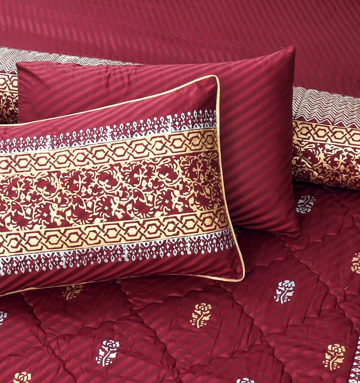 8-Piece Silk Satin Bridal Bedset with Exquisite Block Printing