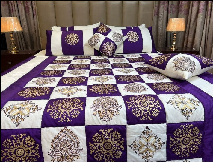 8-Piece Silk Satin Bridal Bedset with Exquisite Block Printing