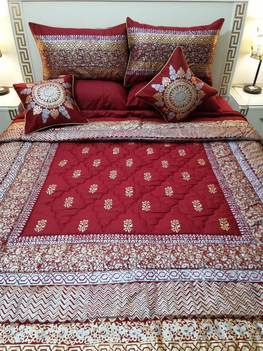 8-Piece Silk Satin Bridal Bedset with Exquisite Block Printing