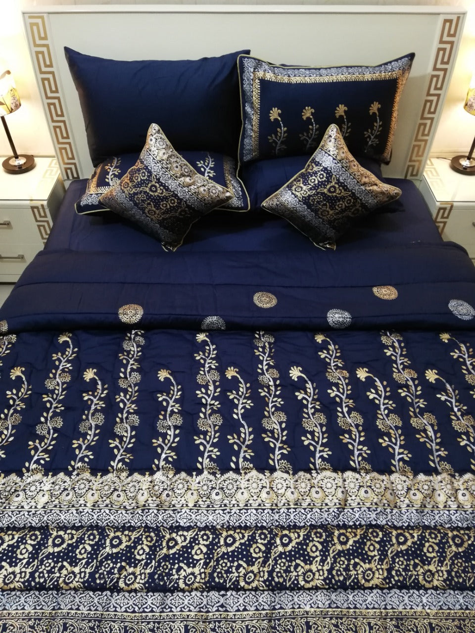 8-Piece Silk Satin Bridal Bedset with Exquisite Block Printing