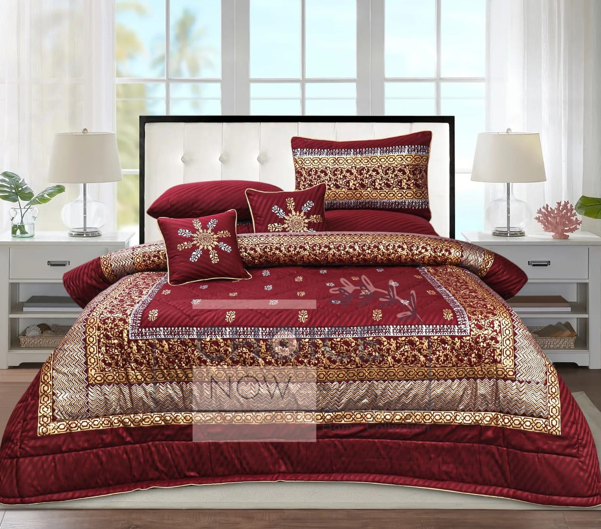 8-Piece Silk Satin Bridal Bedset with Exquisite Block Printing